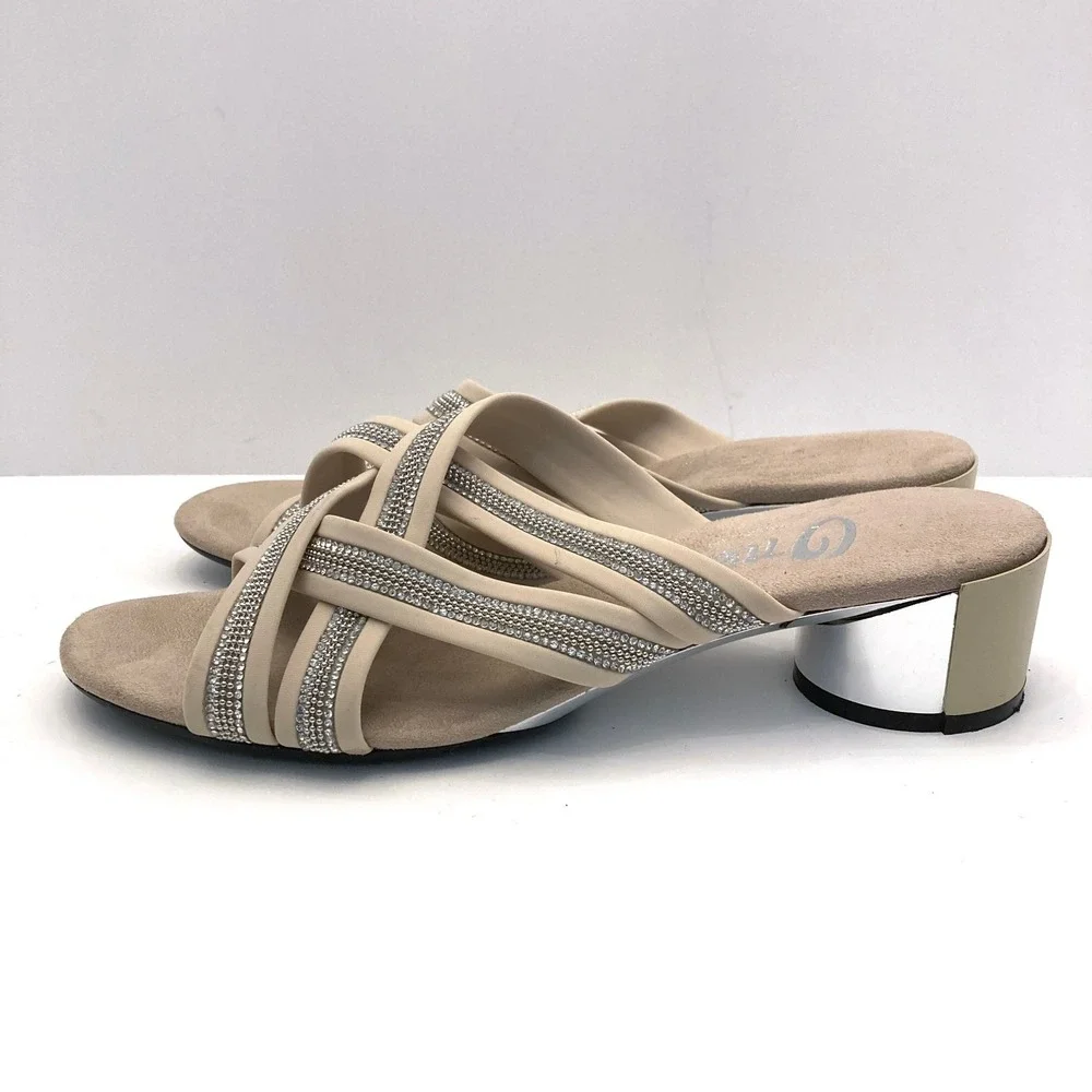 Onex Misha Sandals Block Heel Womens 8 Beige Straps Crystals Made In Italy - Picture 3 of 9